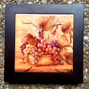 Vintage Trivet Tile Grapes in a bowl hangable art/trivet 8"x 8"